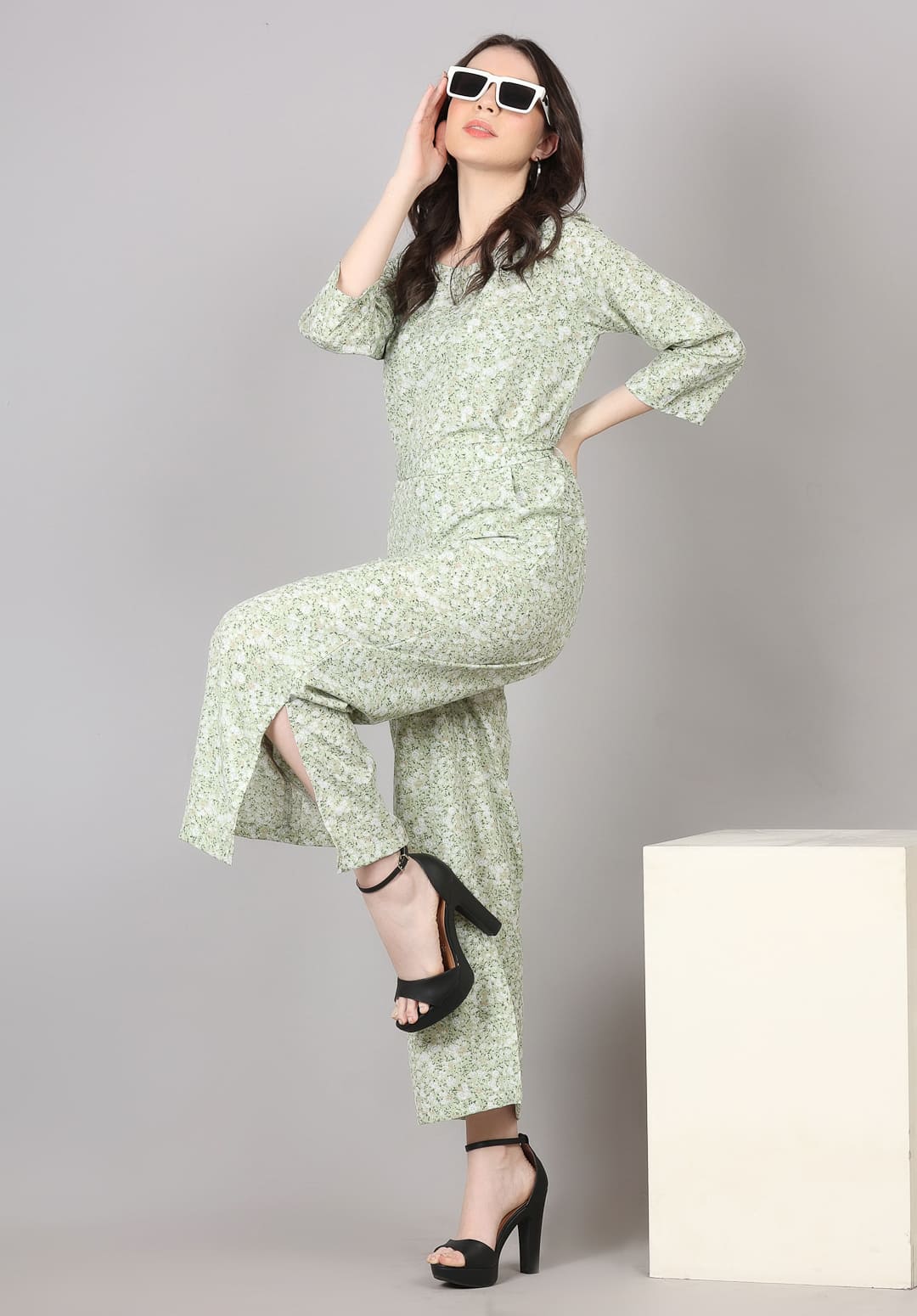 Green Color Small Print Jumpsuit