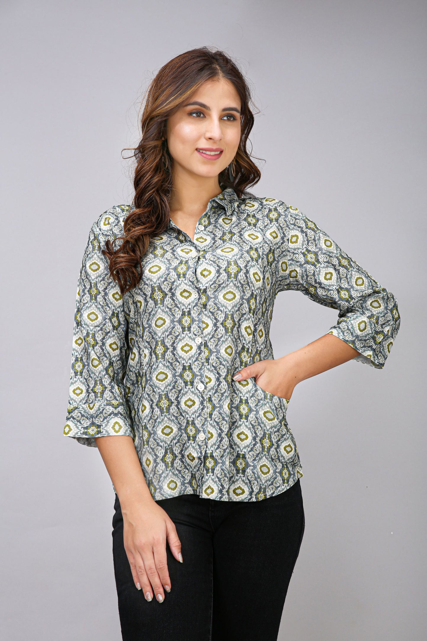 Green Color Printed Shirt