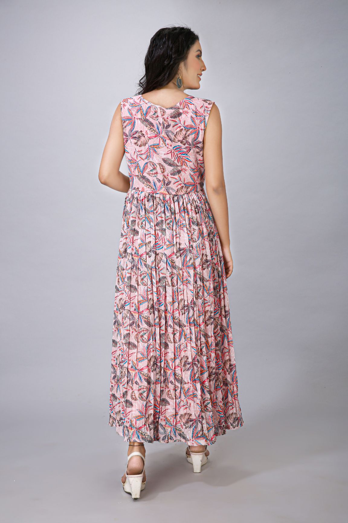 Peach Leaf Print One Piece Dress