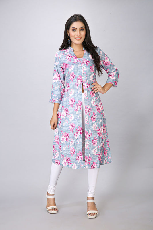 Grey Front Cut Floral Kurti