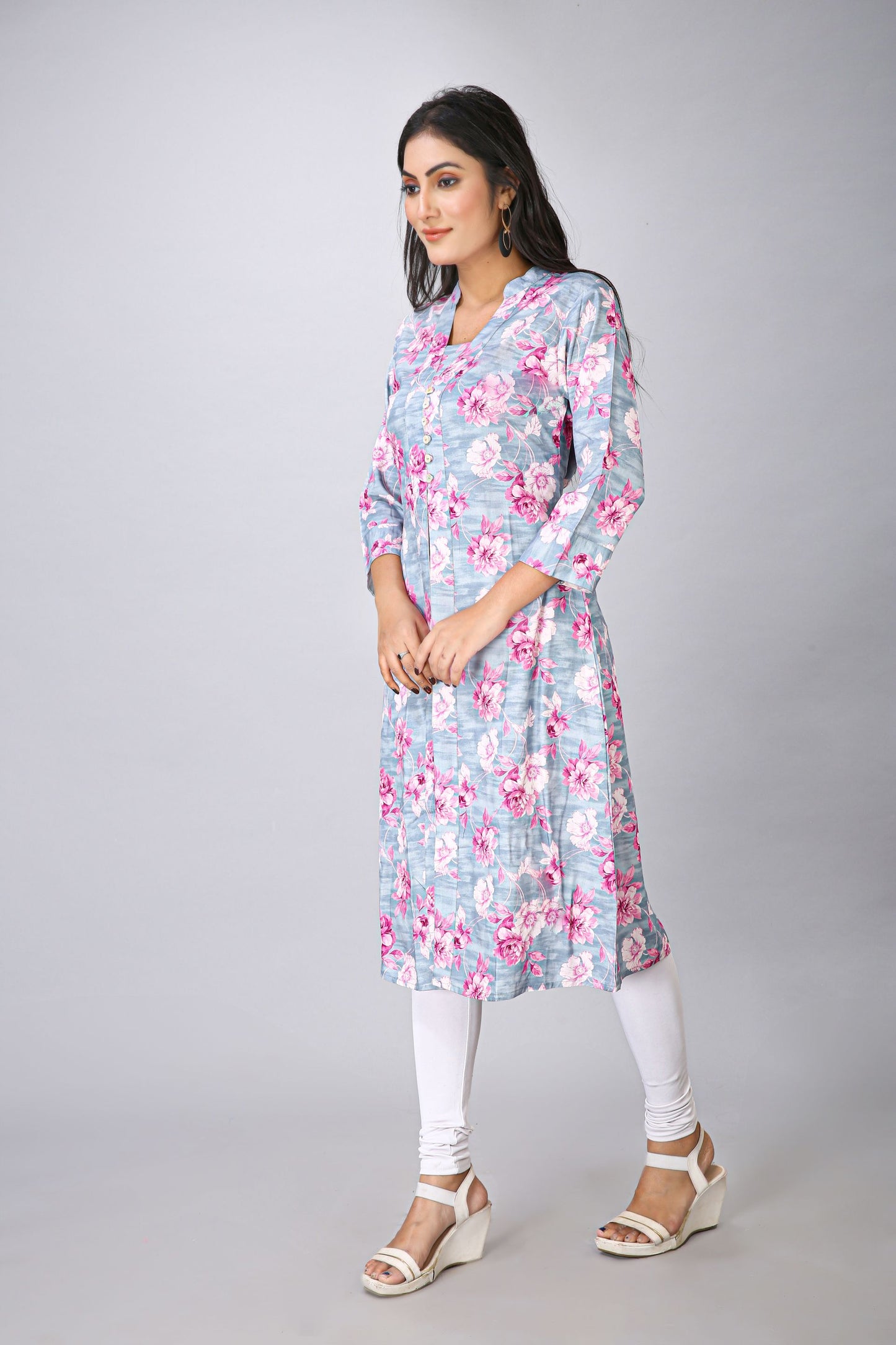 Grey Front Cut Floral Kurti