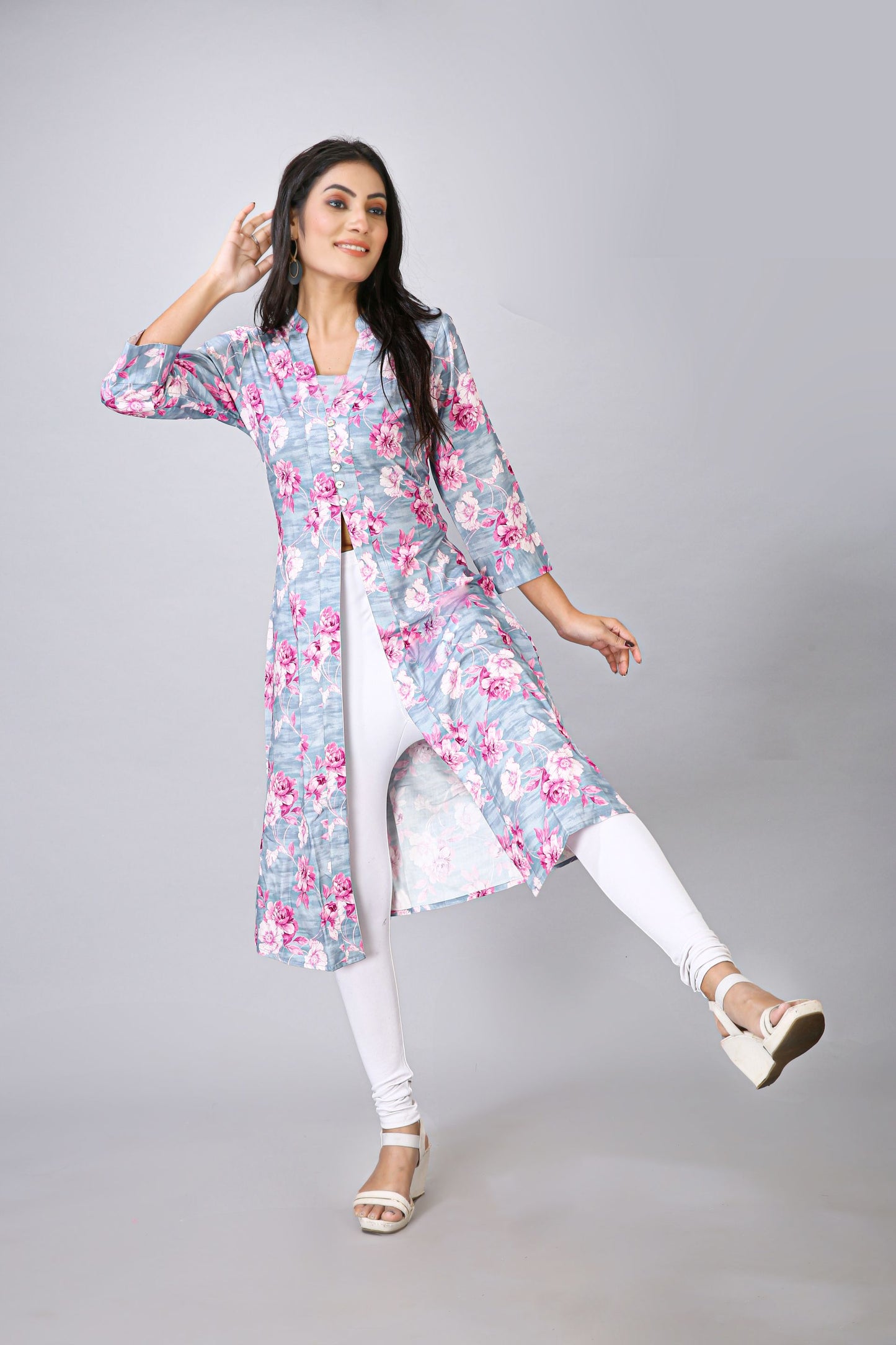 Grey Front Cut Floral Kurti