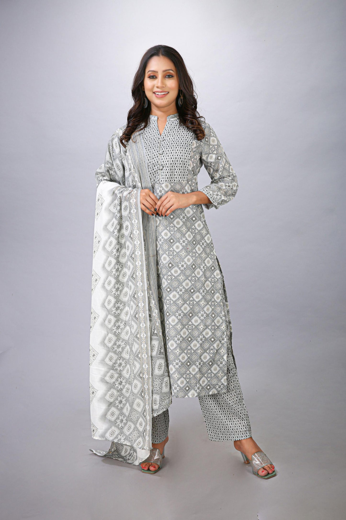 Grey Top Bottom Dupatta Set