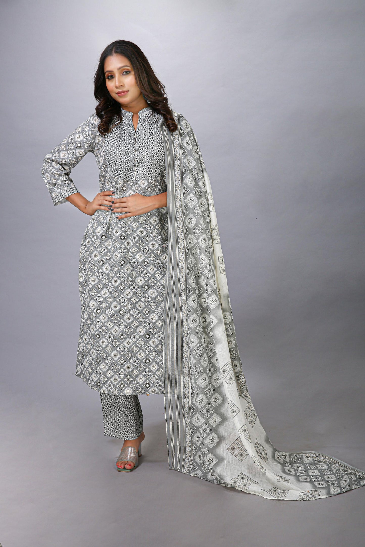 Grey Top Bottom Dupatta Set