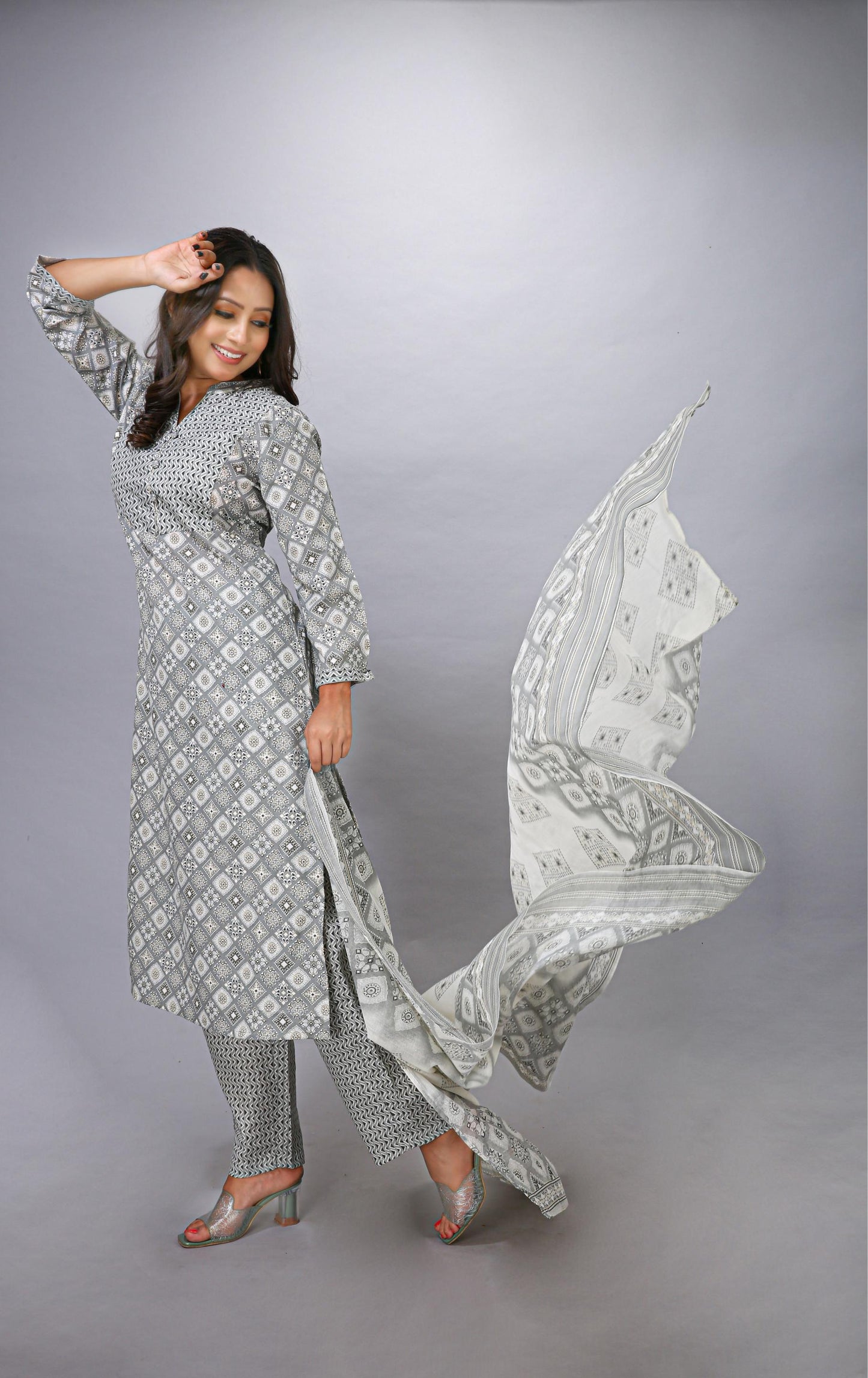 Grey Top Bottom Dupatta Set