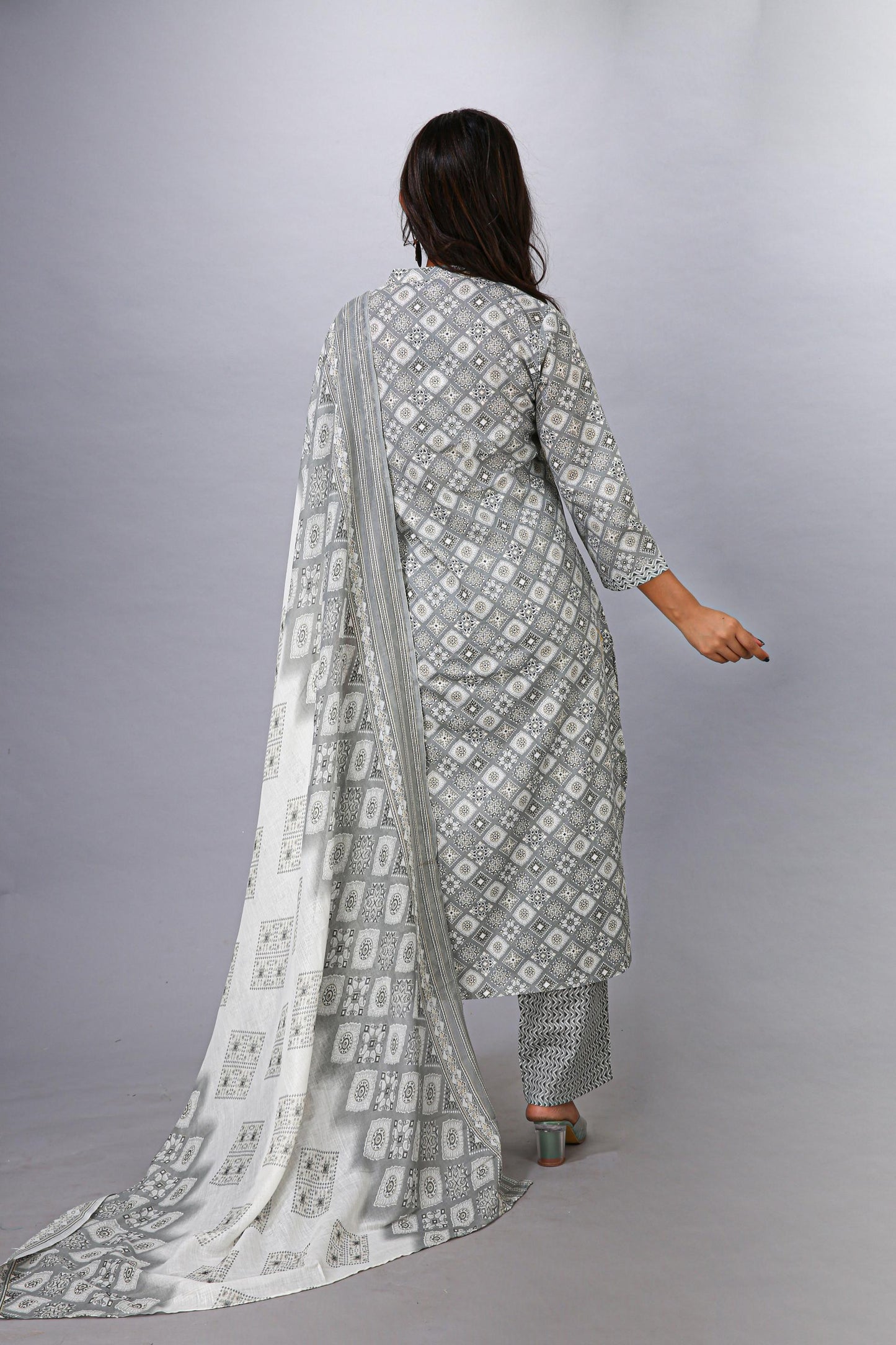 Grey Top Bottom Dupatta Set