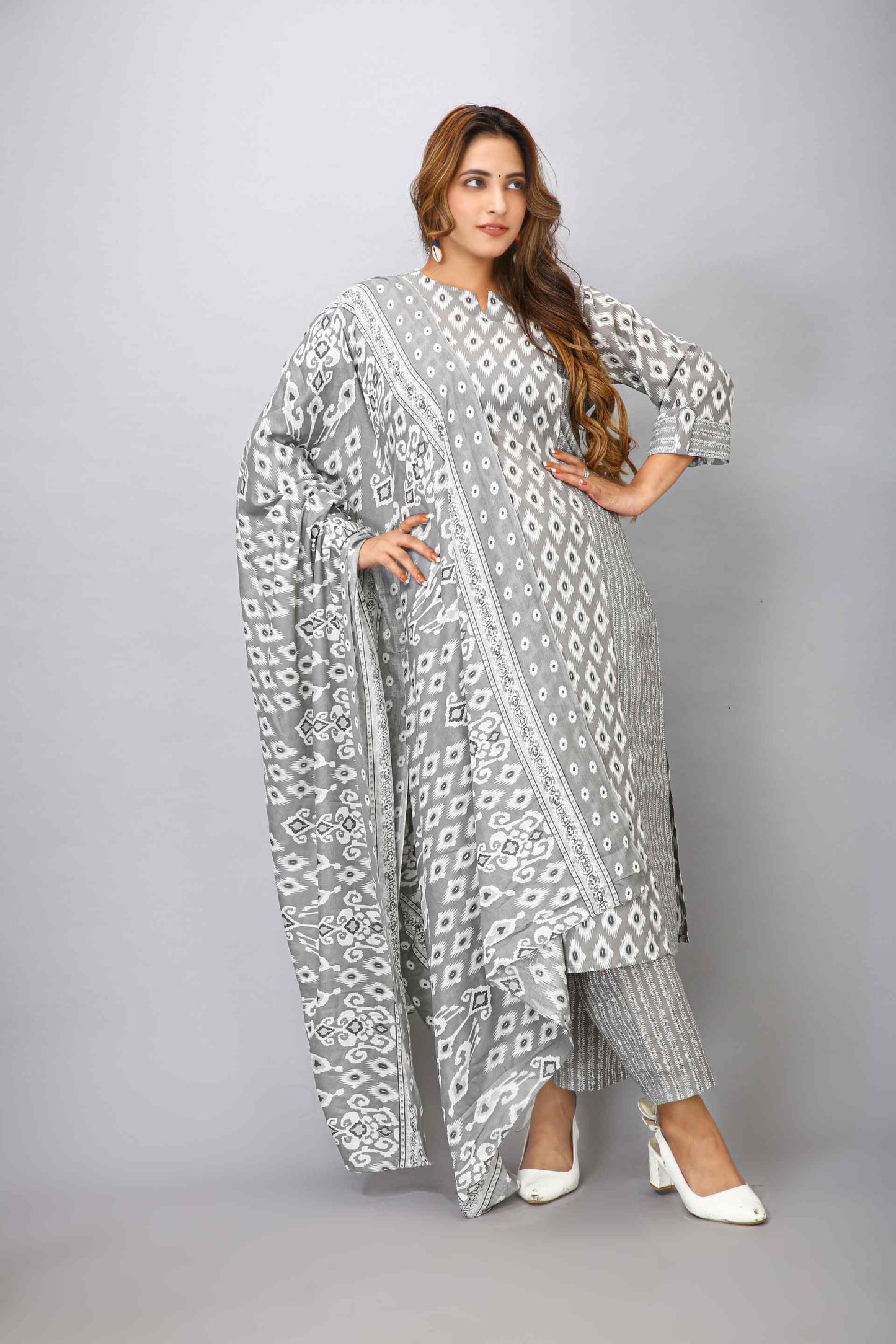 GREY COTTON TOP BOTTOM DUPATTA SET