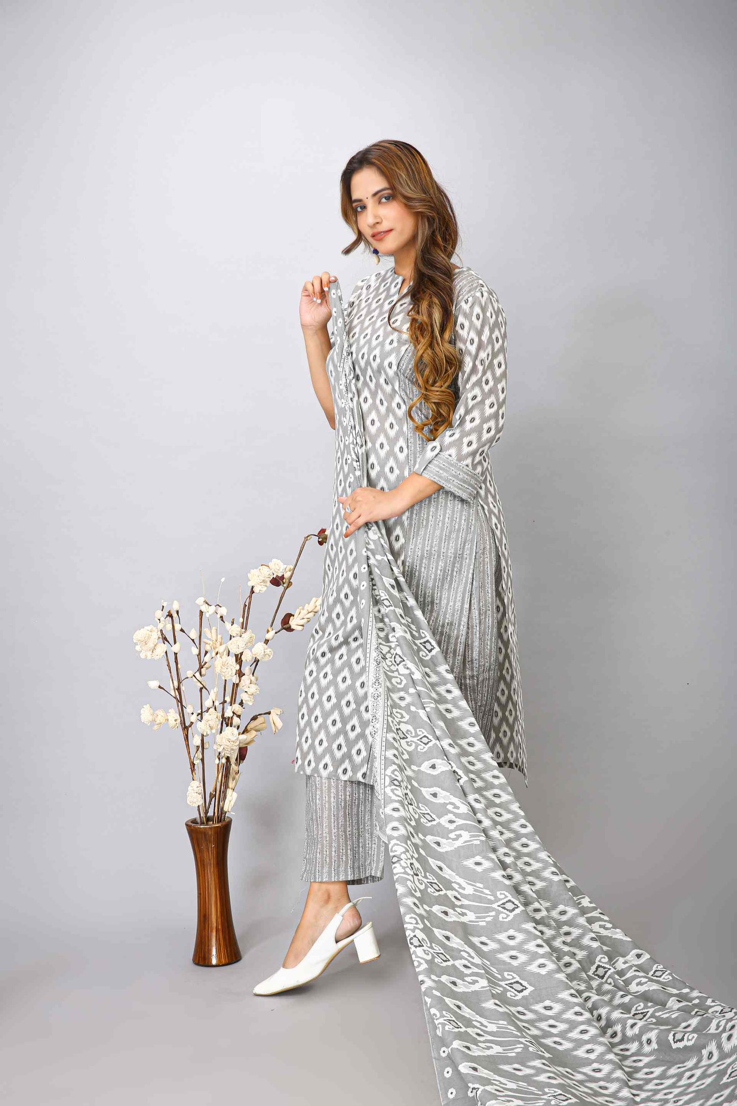 GREY COTTON TOP BOTTOM DUPATTA SET