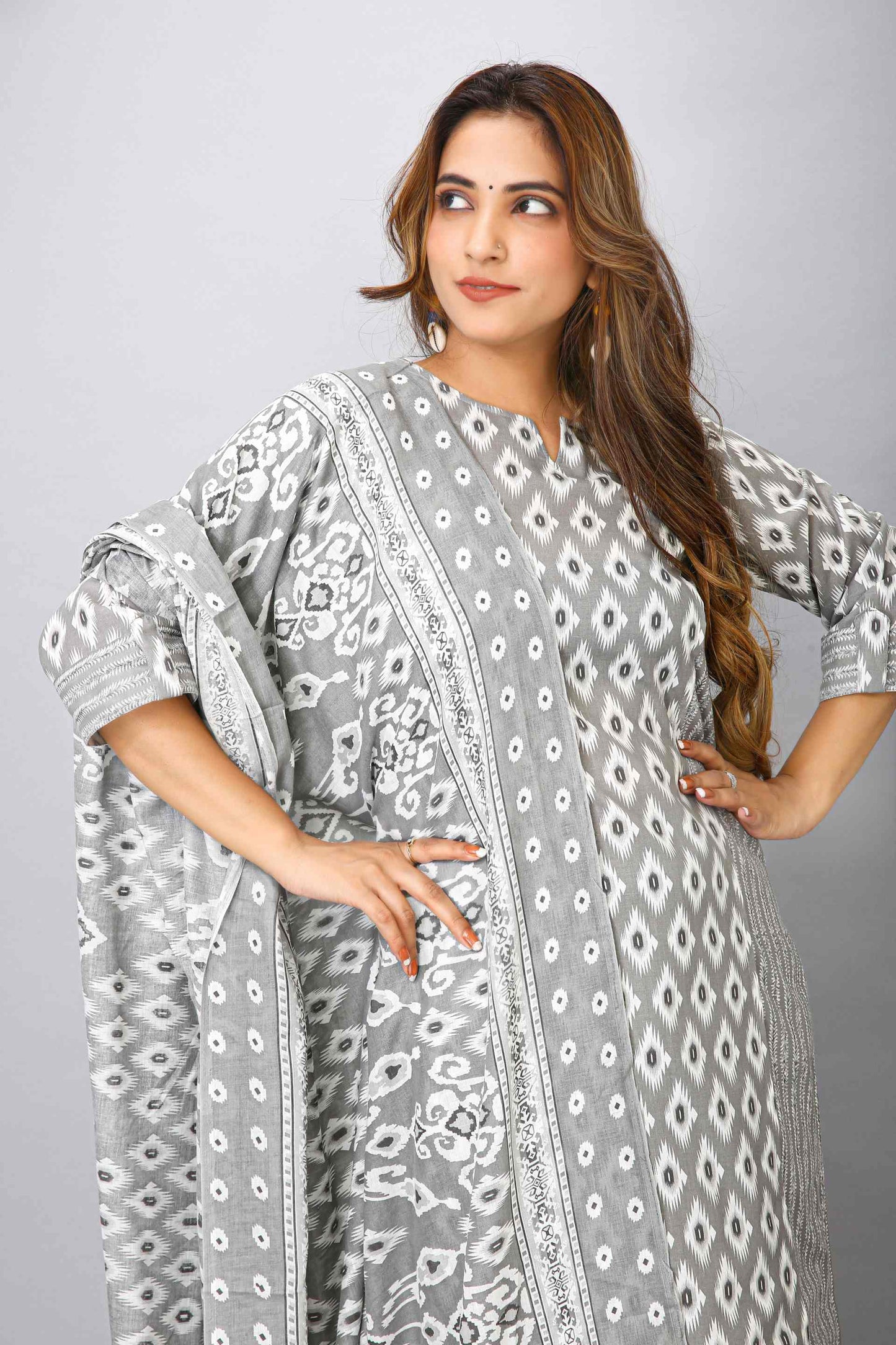 GREY COTTON TOP BOTTOM DUPATTA SET